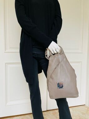 Valentina Italia Taupe Pebbled Leather Convertible Backpack Shoulder Bag -Italy
